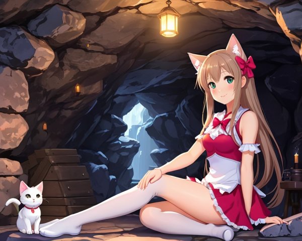 Young girl with cat ears in a cave setting
