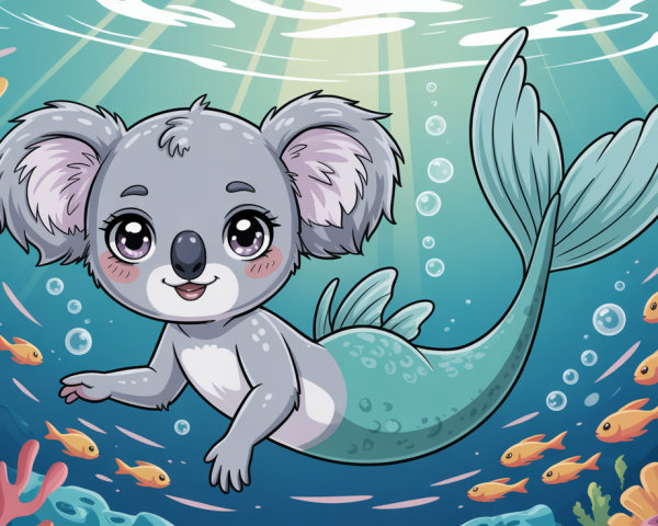Cartoon Illustration of a Grey Koala Mermaid Swimming