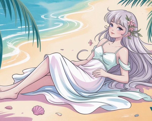 Anime depiction of a teenage girl on the beach