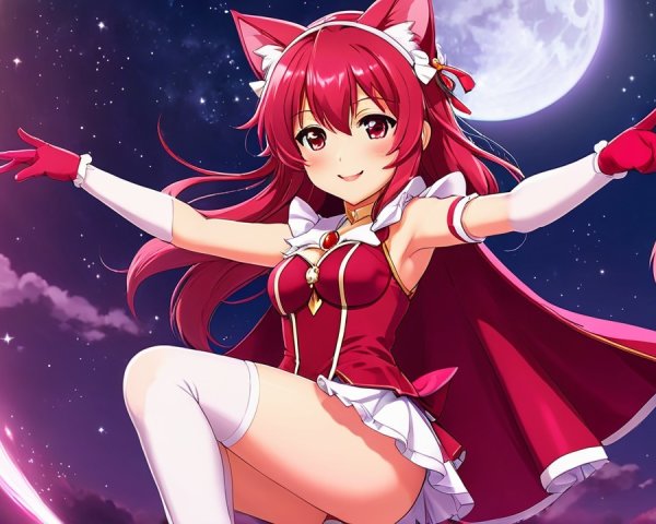 Vibrant anime character with red hair and fox ears