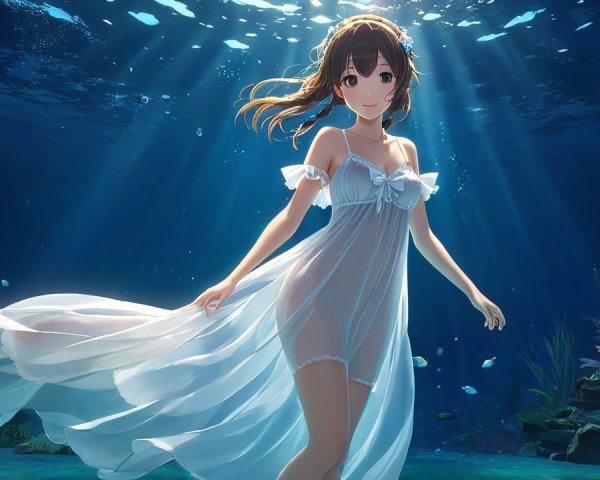 Underwater Scene with Woman in Sheer White Dress