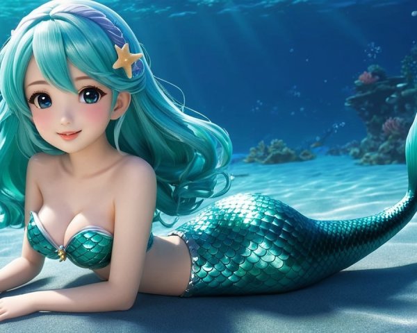 Vibrant Cartoon Mermaid in Colorful Underwater Scene