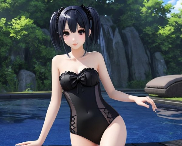 Anime Character by Pool in Black Swimsuit and Bow