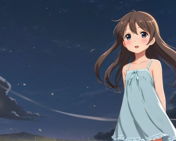 Young girl in blue nightgown under starry sky