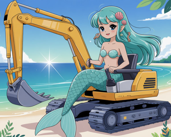 Mermaid in Excavator on Sunny Beach Illustration