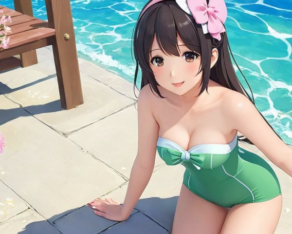 Cheerful girl by blue pool with pink flowers and swimsuit