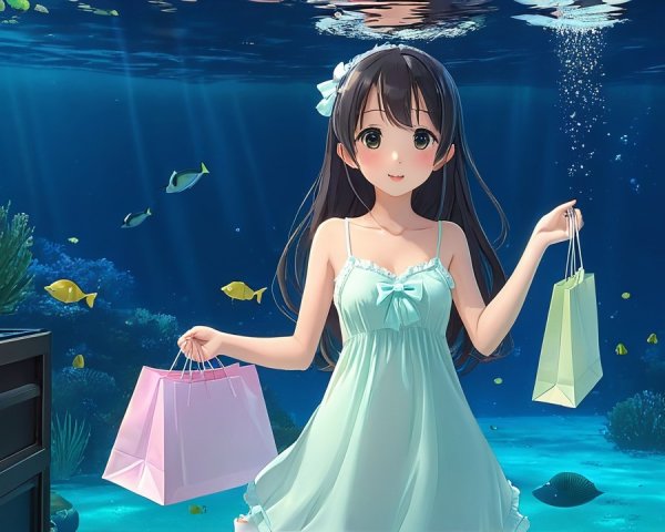 Girl in blue dress underwater with colorful fish