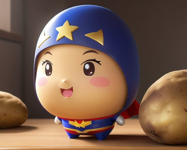 Round superhero character in blue costume with potatoes