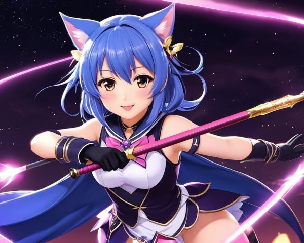 Vibrant Anime Character with Blue Hair and Staff