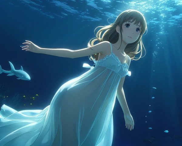 Young girl in white gown swimming underwater with fish