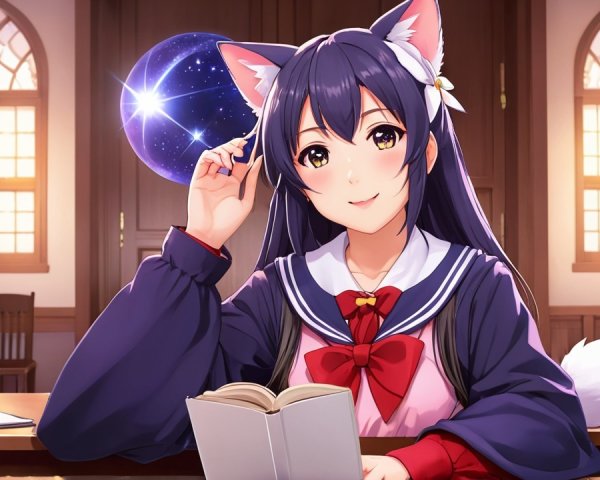 Young girl with cat ears in a cozy library setting