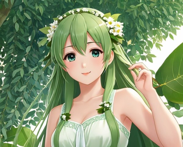 Character with Green Hair in Lush Foliage Setting