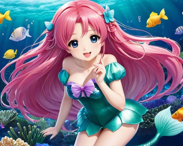 Whimsical Underwater Scene with Cheerful Mermaid