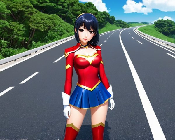 Vibrant Animated Character on Scenic Highway Background