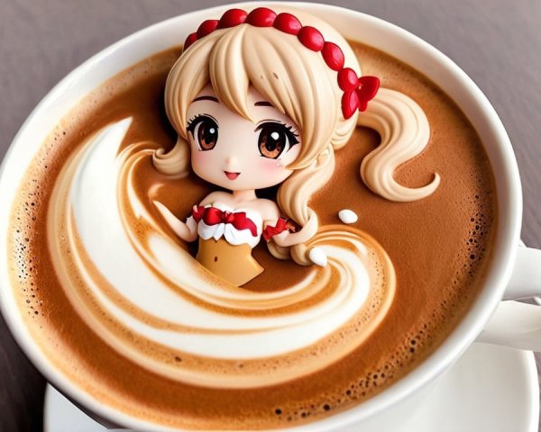 Anime Figure in Frothy Coffee Cup with Latte Art