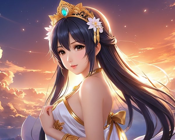Serene Female Figure in Flowing Gown at Sunset