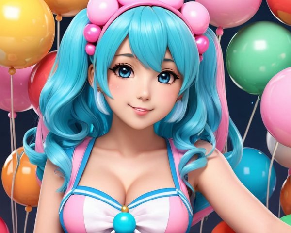 Cheerful animated girl with blue hair and balloons