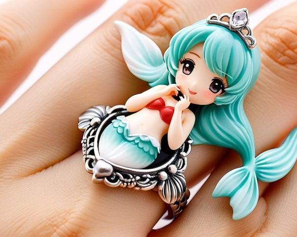 Whimsical Mermaid Ring with Turquoise Hair and Silver Band