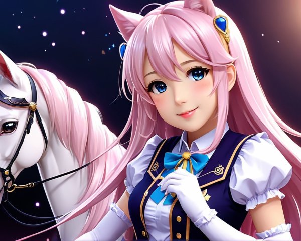 Anime Girl with Pink Hair and White Horse Under Stars