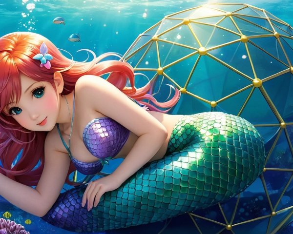 Mermaid with Red Hair in Underwater Coral Scene