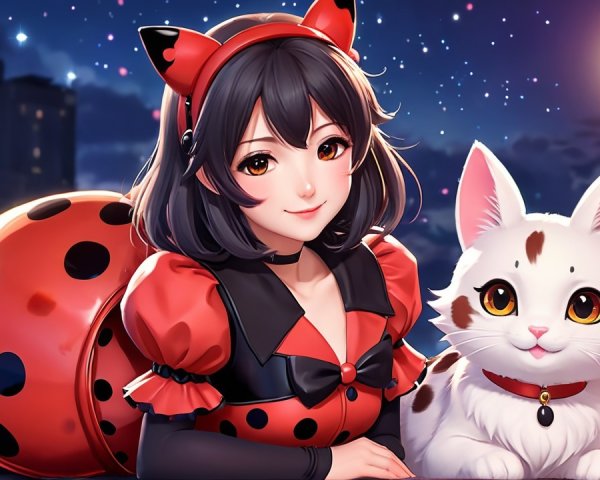 Cheerful girl in ladybug costume with white cat at night