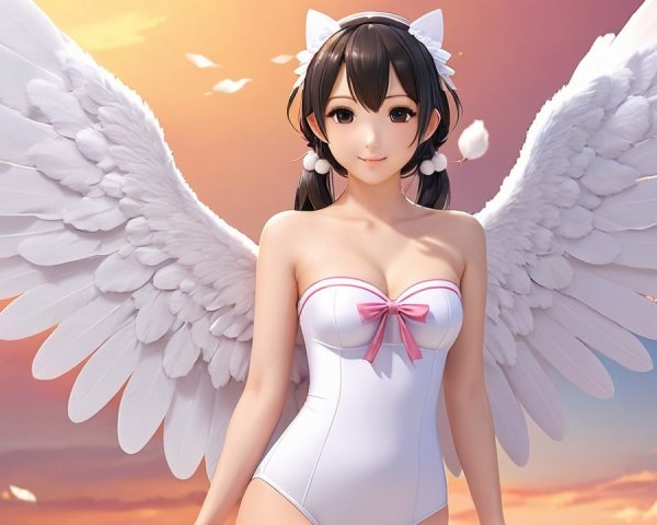 Character with White Wings in Colorful Sunset Sky