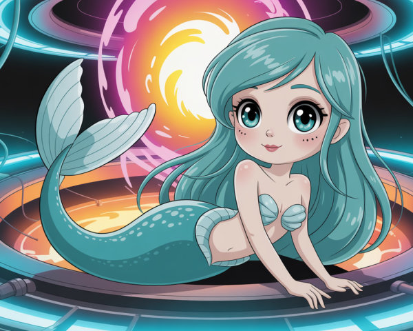 Cartoon Mermaid in Glowing Portal with Neon Lights