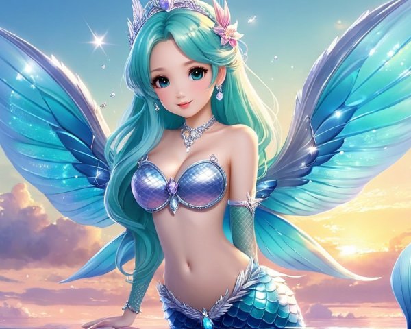 Mermaid with Turquoise Hair and Iridescent Wings