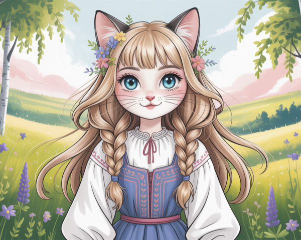 Cute Cat Girl in Blue Dress with Floral Details