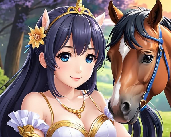 Young Woman in White Outfit Beside Chestnut Horse
