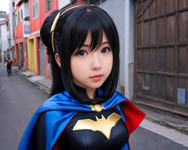 Young Woman in Batgirl Costume in Urban Setting