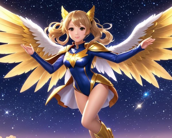 Fantastical character with wings in starry night sky