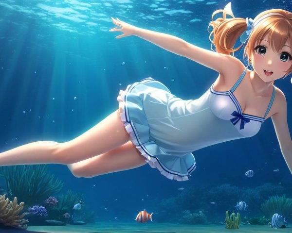 Young girl swimming gracefully in vibrant underwater scene