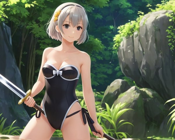 Anime-style girl with sword in dense rainforest setting