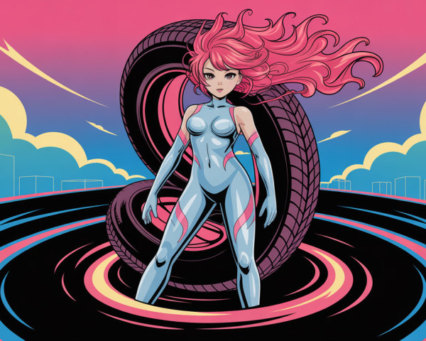 Neo-retro anime character in a black vortex with skyline