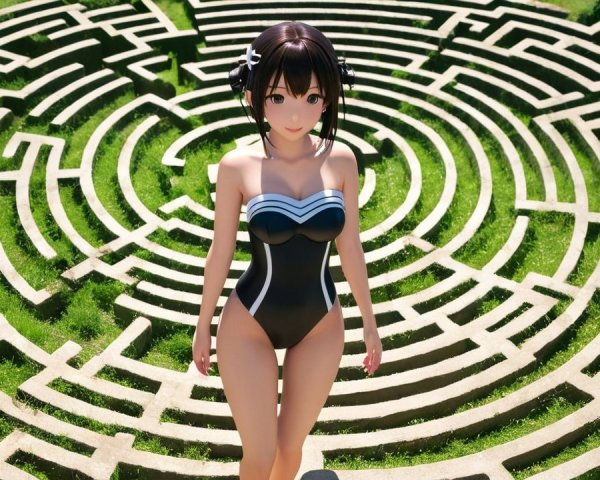 Character in Black Swimsuit in Stone Labyrinth Setting