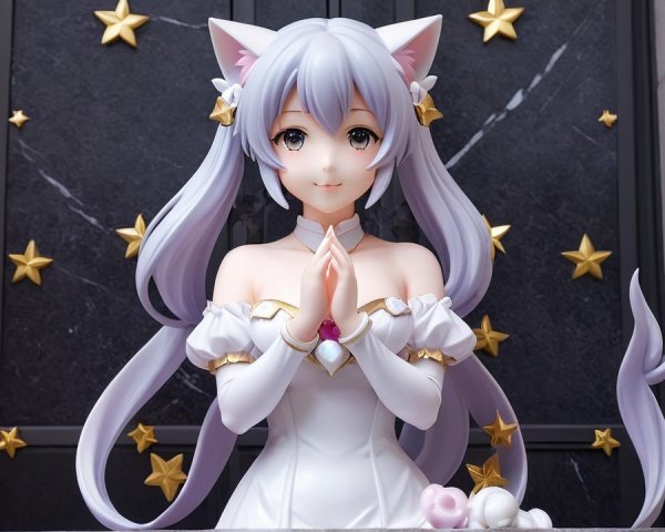 Elegant figure with cat-like ears in white dress