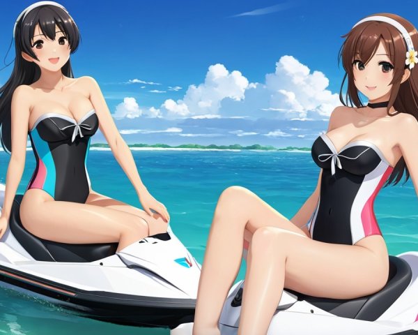 Anime Characters on Jet Skis in a Sunny Ocean Scene