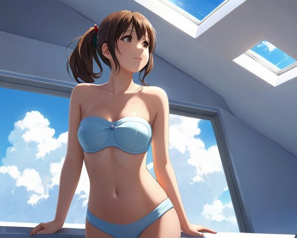 Young Woman in Light Blue Bikini by Skylight