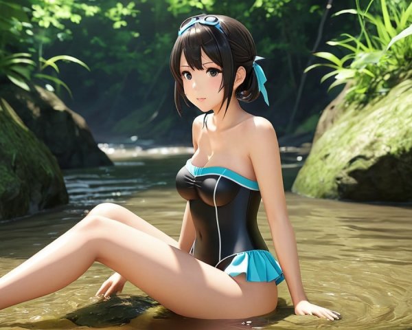 Young Woman in Black Swimsuit in Lush Green Setting