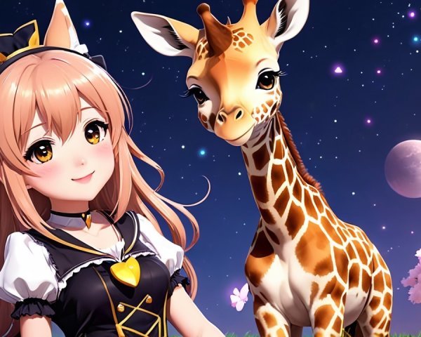 Whimsical Character and Giraffe Under Cherry Blossoms