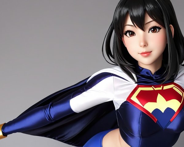 Female superhero in blue and white costume with cape