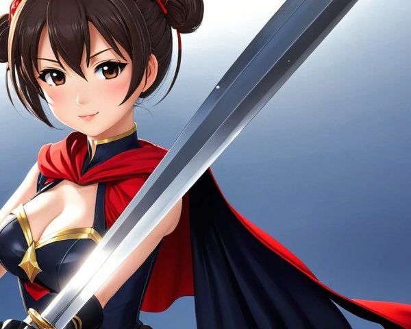 Anime girl with brown hair and silver sword in blue outfit