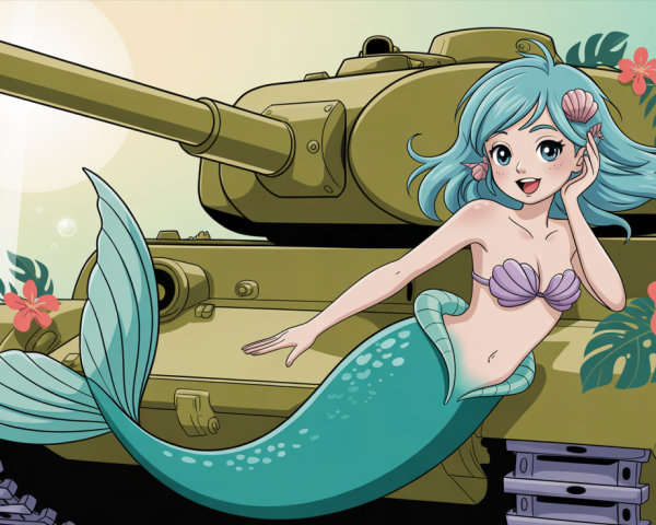 Anthropomorphic mermaid illustration with military tank