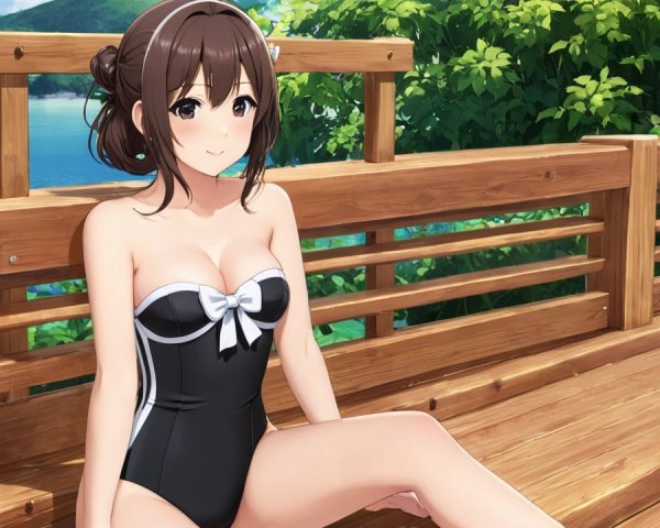 Young woman in black swimsuit by ocean and greenery