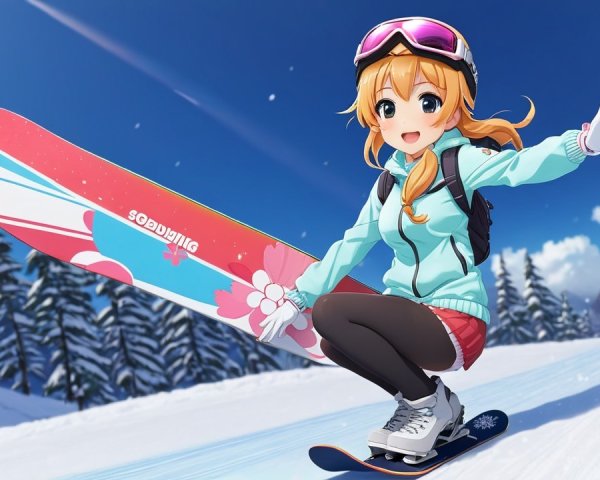Animated Character Snowboarding in Colorful Winter Scene