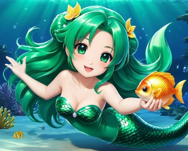 Vibrant Underwater Scene with Cheerful Mermaid