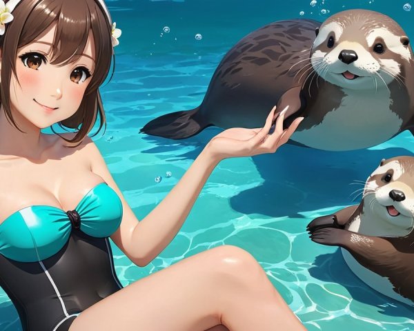 Young woman in swimsuit playing with otters in pool