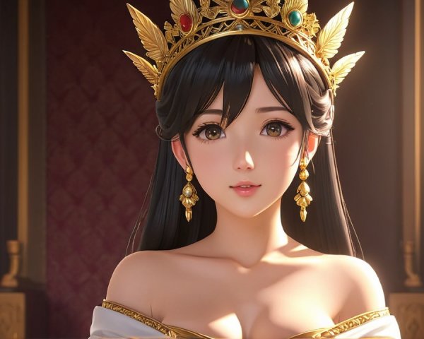 Young woman in elegant gown with golden crown and gems