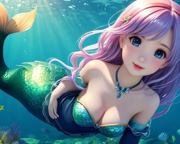 Vibrant Underwater Scene with Animated Mermaid